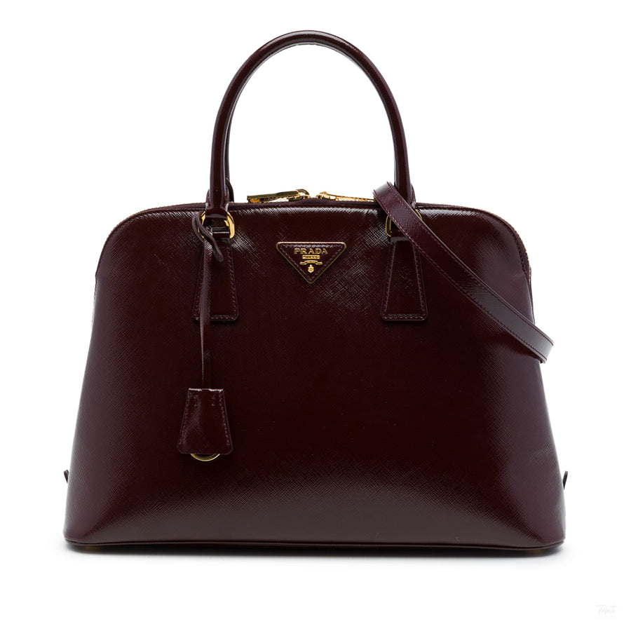 Second hand Prada Promenade Large Saffiano Vernice Leather Satchel Handbag Red - Tabita Bags
