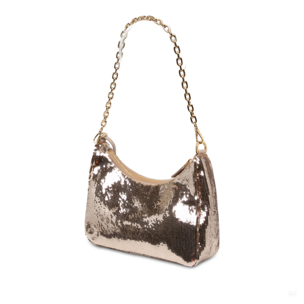 Second hand Prada Re-Edition 2005 Econyl Nylon Sequin Embellished Pouch Crossbody Gold - Tabita Bags