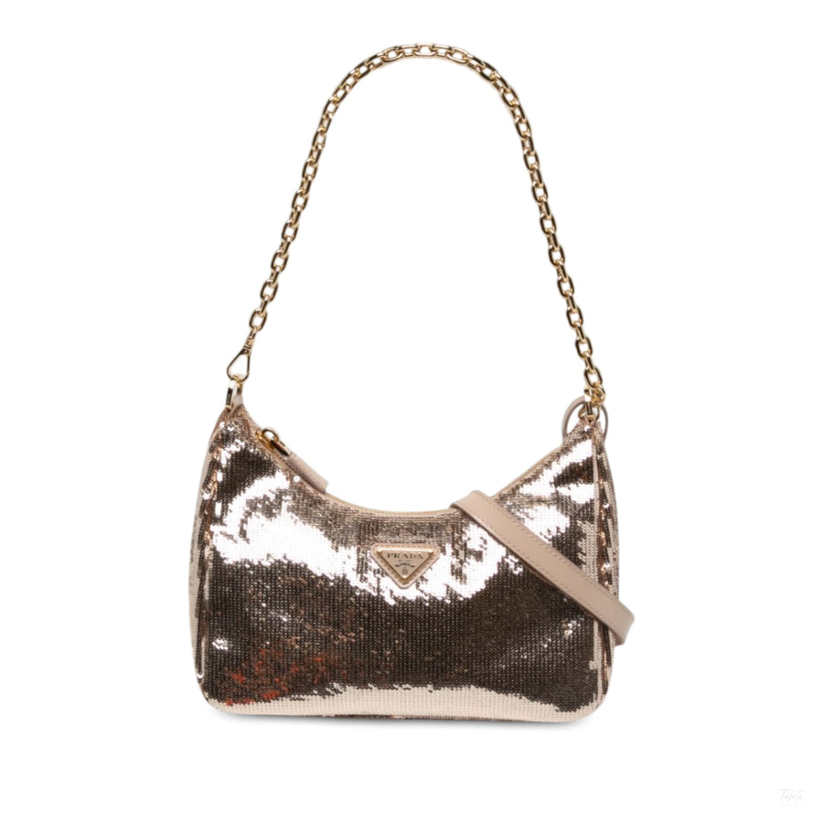 Second hand Prada Re-Edition 2005 Econyl Nylon Sequin Embellished Pouch Crossbody Gold - Tabita Bags
