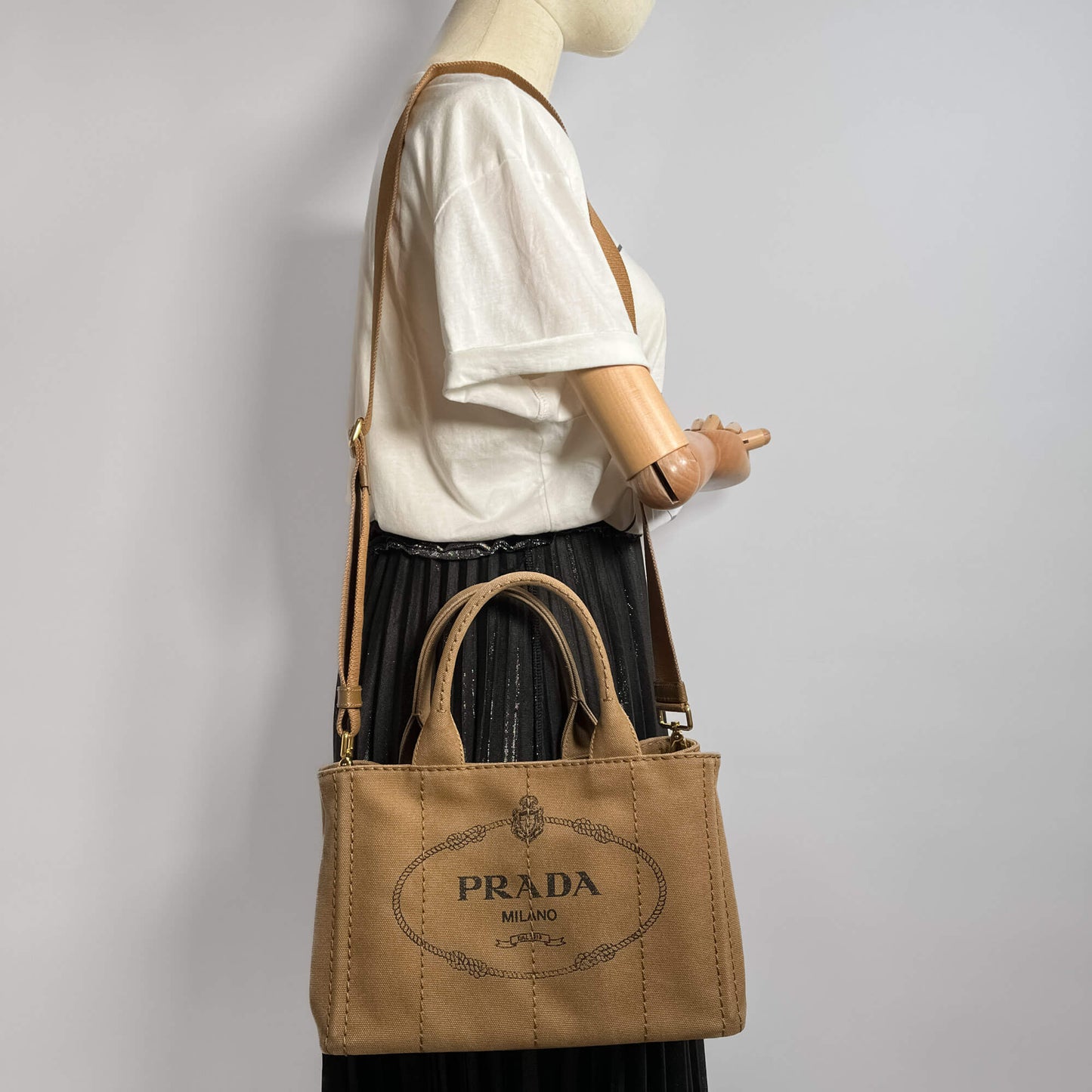 Second hand Prada Tote Handbag Small Canapa Canvas Tabacco - Tabita Bags