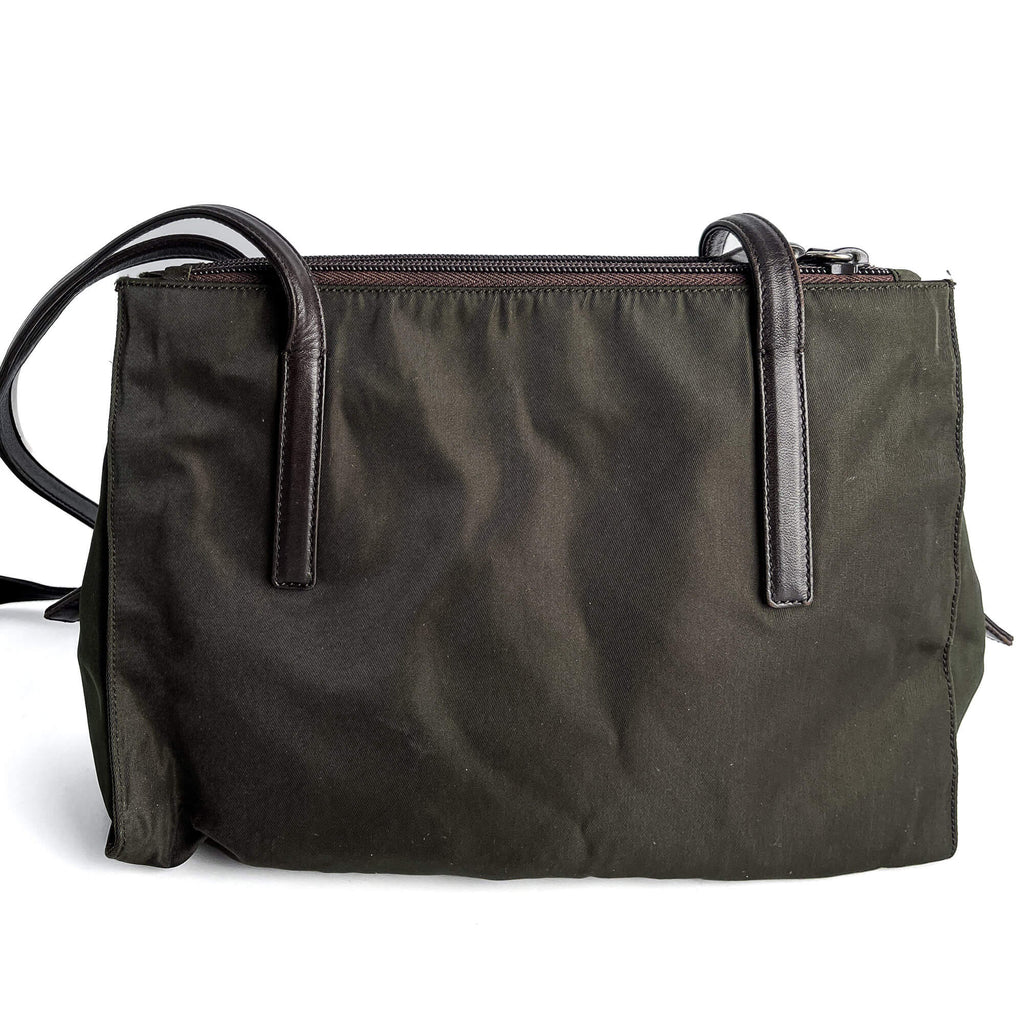 Second hand Prada Vintage RE - edition Econyl Nylon Tote Shoulder Bag green & brown - Tabita Bags