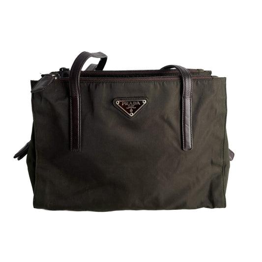 Second hand Prada Vintage RE - edition Econyl Nylon Tote Shoulder Bag green & brown - Tabita Bags