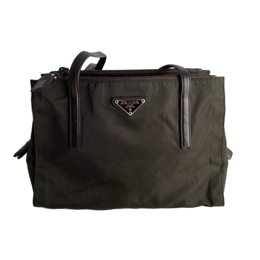 Second hand Prada Vintage RE - edition Econyl Nylon Tote Shoulder Bag green & brown - Tabita Bags