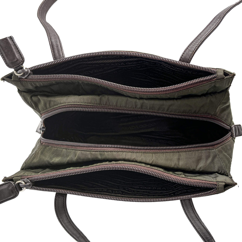 Second hand Prada Vintage RE - edition Econyl Nylon Tote Shoulder Bag green & brown - Tabita Bags