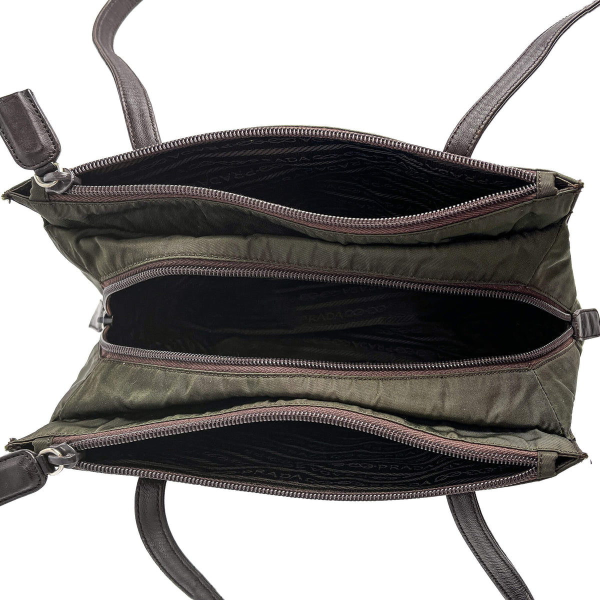 Second hand Prada Vintage RE - edition Econyl Nylon Tote Shoulder Bag green & brown - Tabita Bags