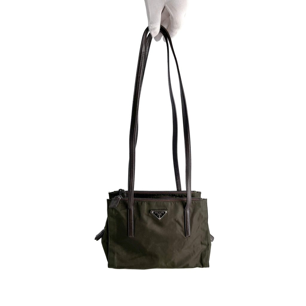 Second hand Prada Vintage RE - edition Econyl Nylon Tote Shoulder Bag green & brown - Tabita Bags