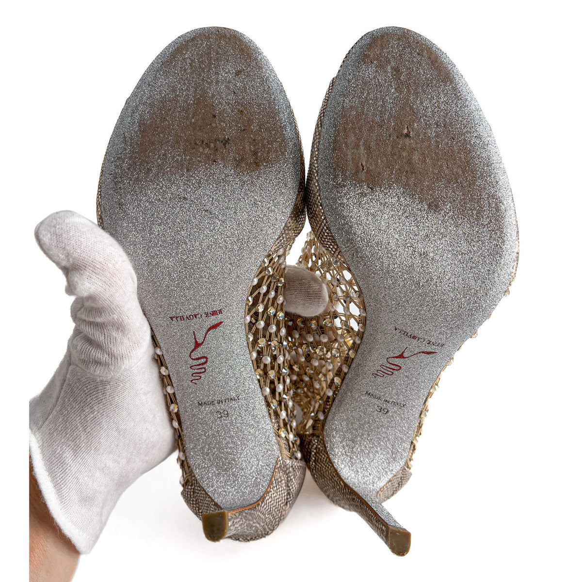 Second hand Rene Caovilla Galaxia 10.5 Leather Sandals 39 Metallic - Tabita Bags