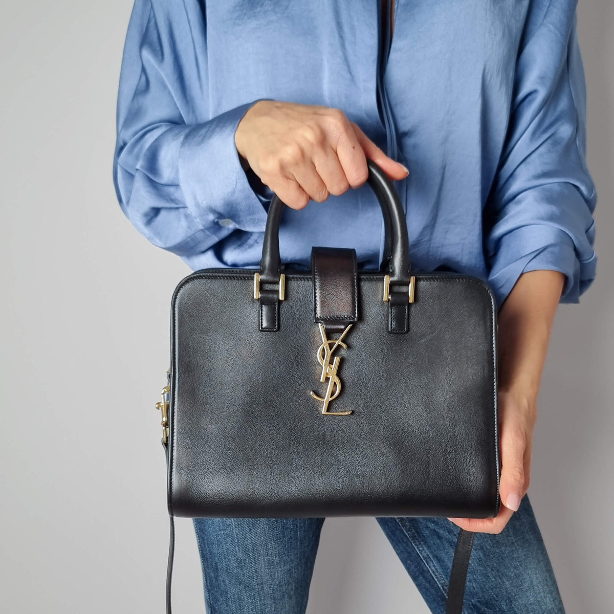 Second hand Saint Laurent Cabas Baby Leather 2 - Ways Top - handle Handbag Black - Tabita Bags