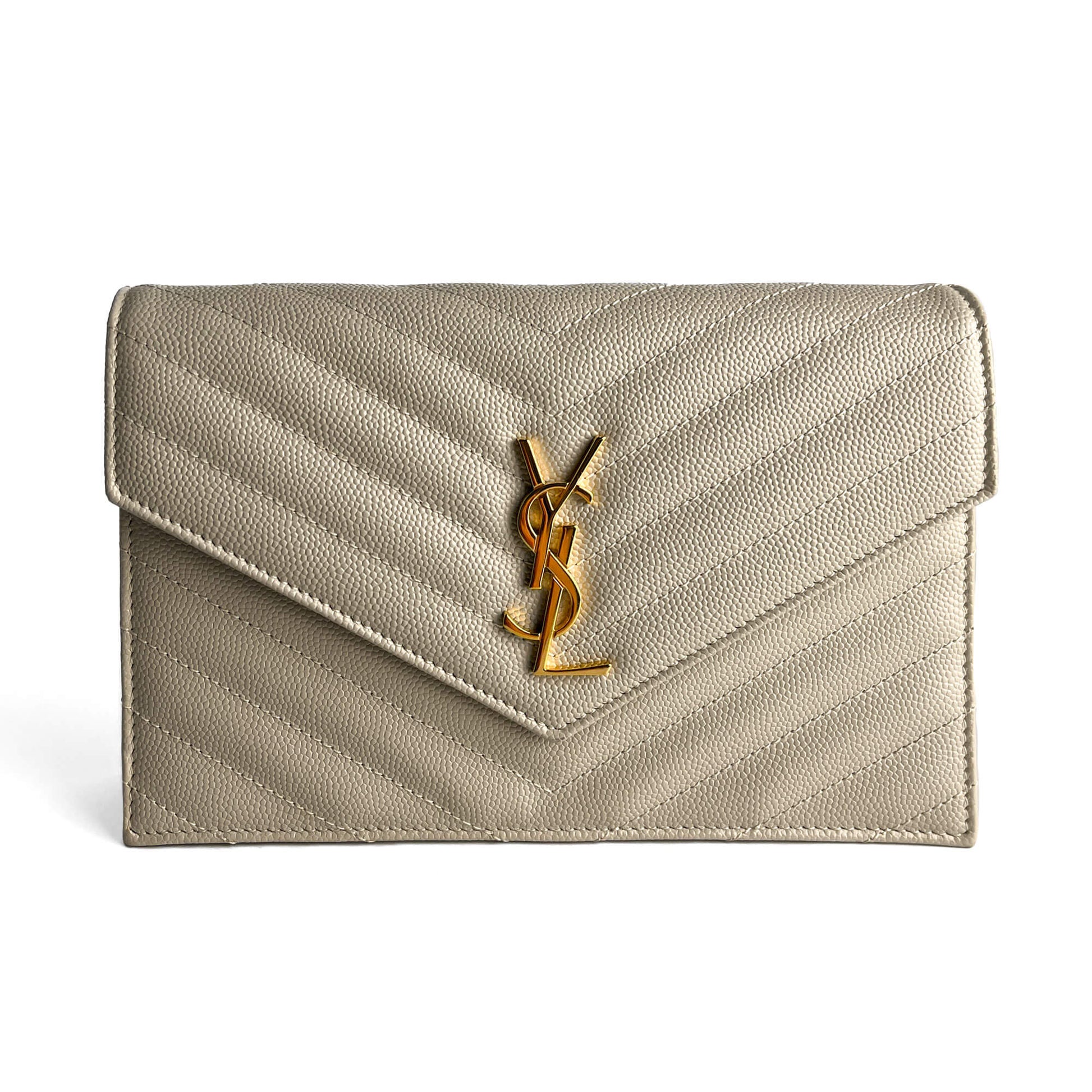 Second hand Saint Laurent Cassandra Grained Leather Wallet on Chain Crossbody Off - White - Tabita Bags