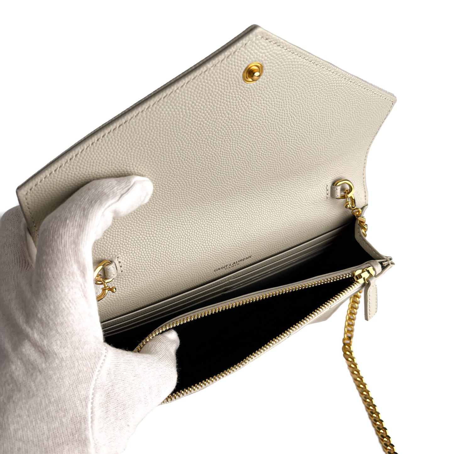 Second hand Saint Laurent Cassandra Grained Leather Wallet on Chain Crossbody Off - White - Tabita Bags