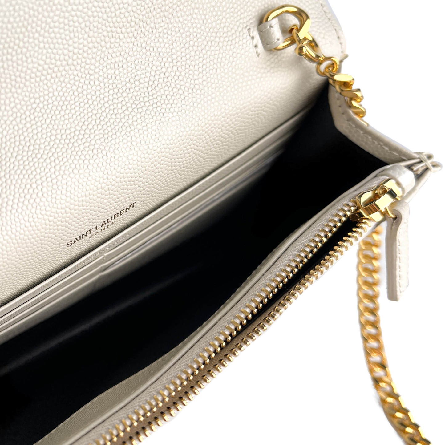 Second hand Saint Laurent Cassandra Grained Leather Wallet on Chain Crossbody Off - White - Tabita Bags