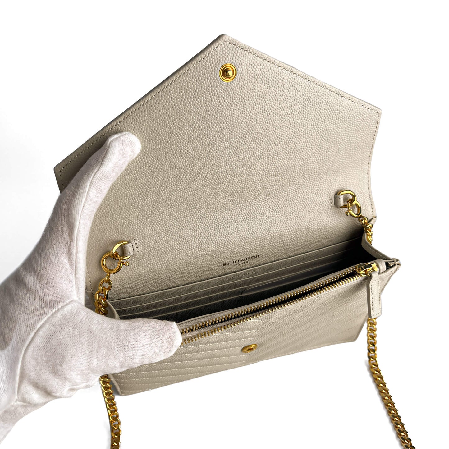 Second hand Saint Laurent Cassandra Grained Leather Wallet on Chain Crossbody Off - White - Tabita Bags