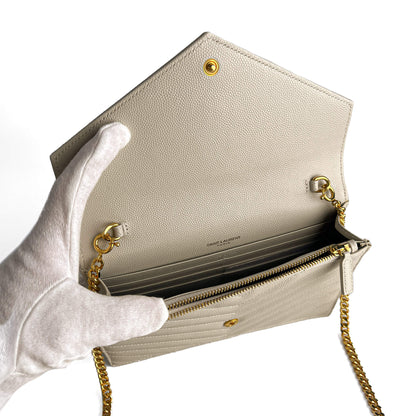 Second hand Saint Laurent Cassandra Grained Leather Wallet on Chain Crossbody Off - White - Tabita Bags