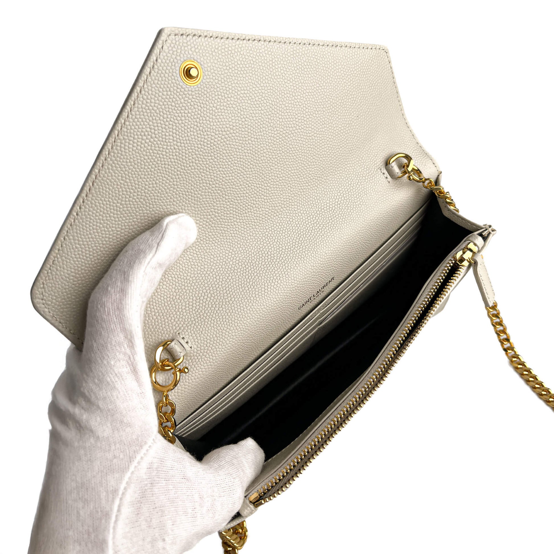 Second hand Saint Laurent Cassandra Grained Leather Wallet on Chain Crossbody Off - White - Tabita Bags