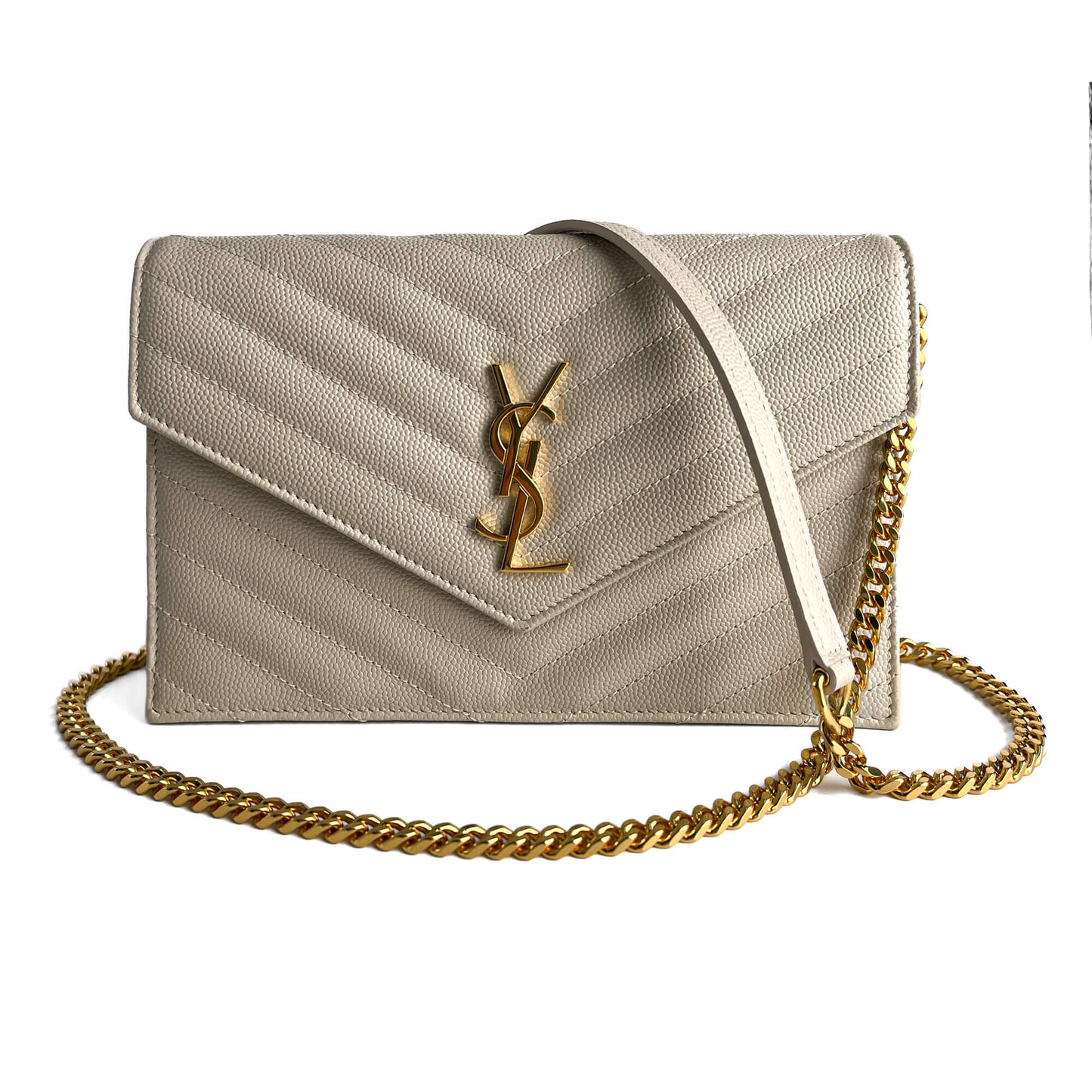 Second hand Saint Laurent Cassandra Grained Leather Wallet on Chain Crossbody Off - White - Tabita Bags