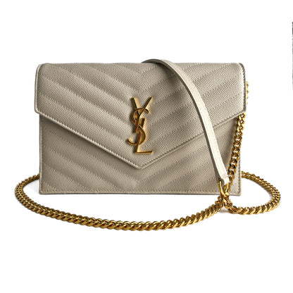 Second hand Saint Laurent Cassandra Grained Leather Wallet on Chain Crossbody Off - White - Tabita Bags