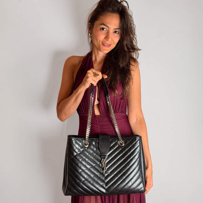Second hand Saint Laurent Cassandra Lambskin Leather Chevron Quilted Shopper Handbag Black - Tabita Bags