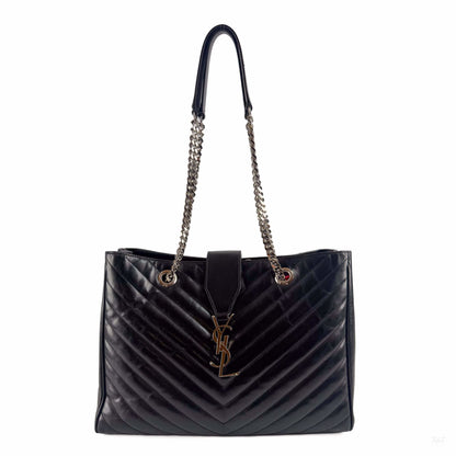 Second hand Saint Laurent Cassandra Lambskin Leather Chevron Quilted Shopper Handbag Black - Tabita Bags