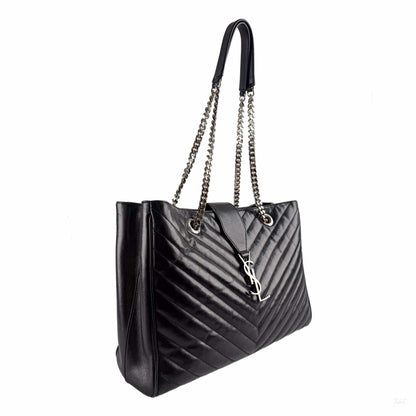 Second hand Saint Laurent Cassandra Lambskin Leather Chevron Quilted Shopper Handbag Black - Tabita Bags