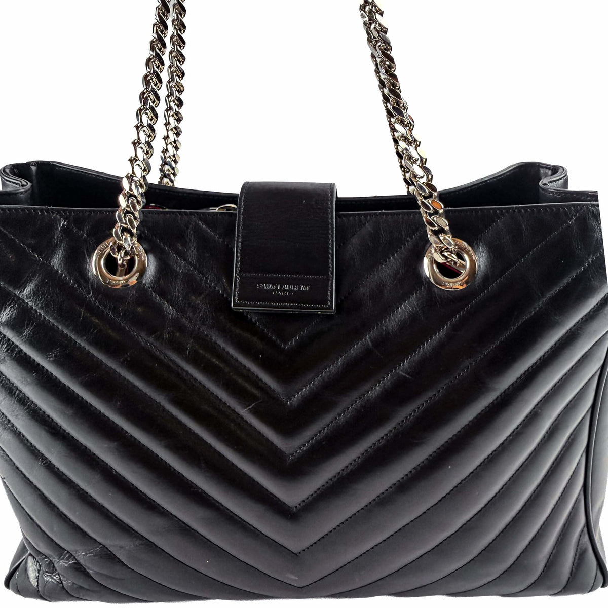 Second hand Saint Laurent Cassandra Lambskin Leather Chevron Quilted Shopper Handbag Black - Tabita Bags