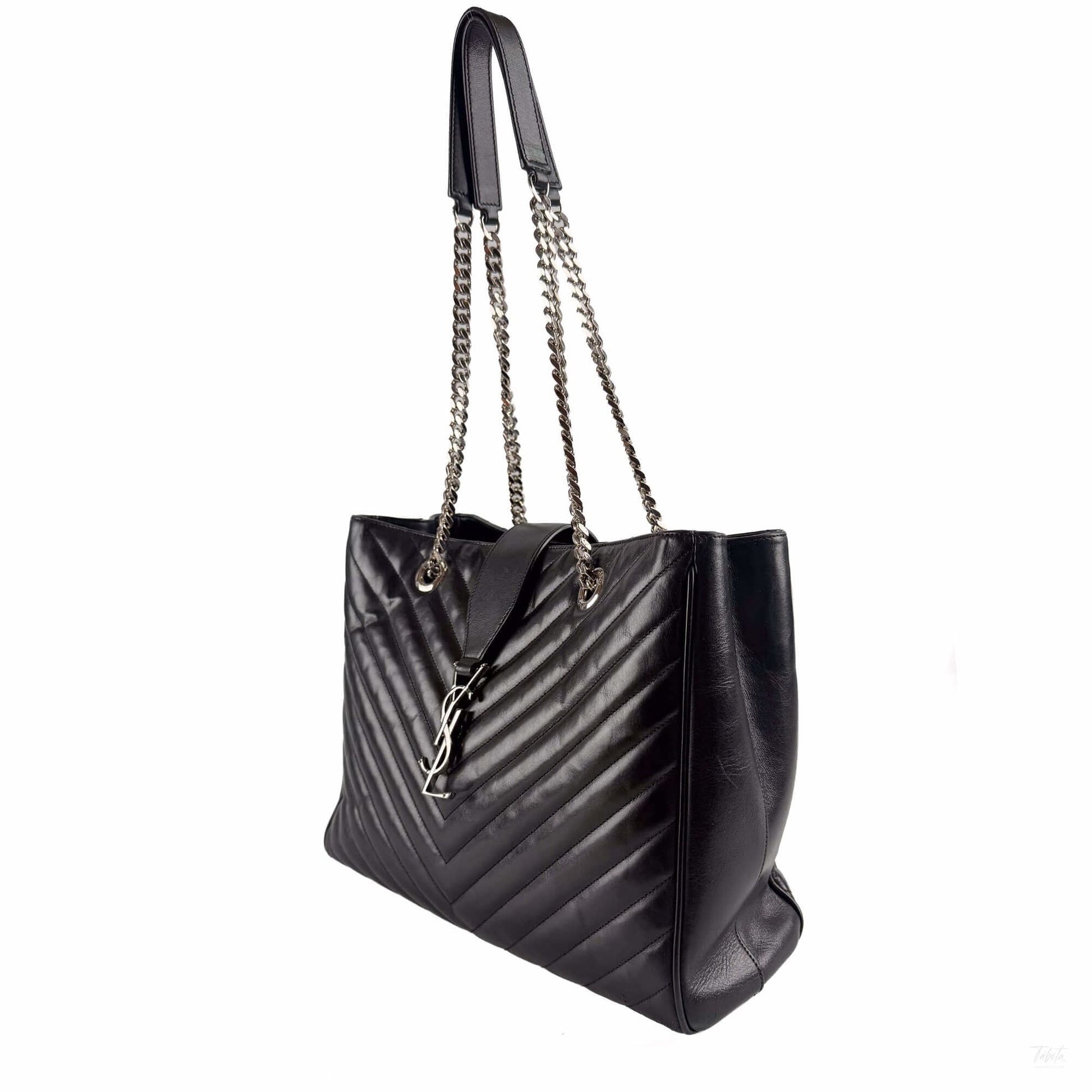 Second hand Saint Laurent Cassandra Lambskin Leather Chevron Quilted Shopper Handbag Black - Tabita Bags