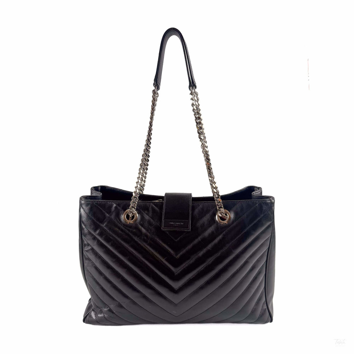 Second hand Saint Laurent Cassandra Lambskin Leather Chevron Quilted Shopper Handbag Black - Tabita Bags