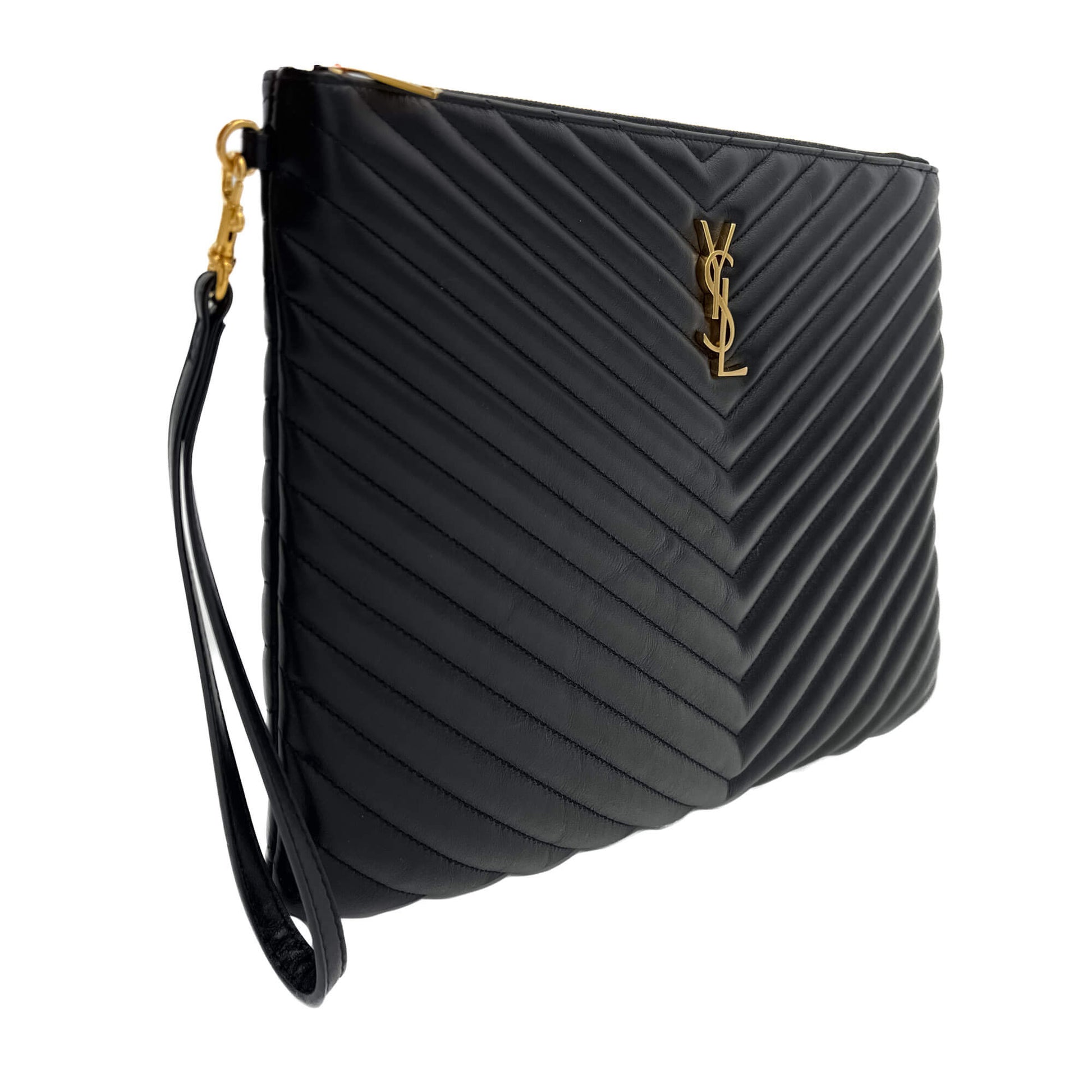 Second hand Saint Laurent Cassandre Chevron Quilted Grained Leather Document Holder Black - Tabita Bags