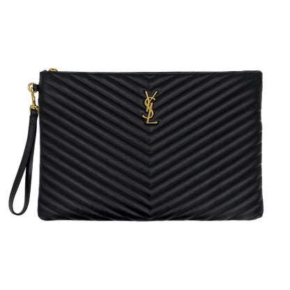 Second hand Saint Laurent Cassandre Chevron Quilted Grained Leather Document Holder Black - Tabita Bags