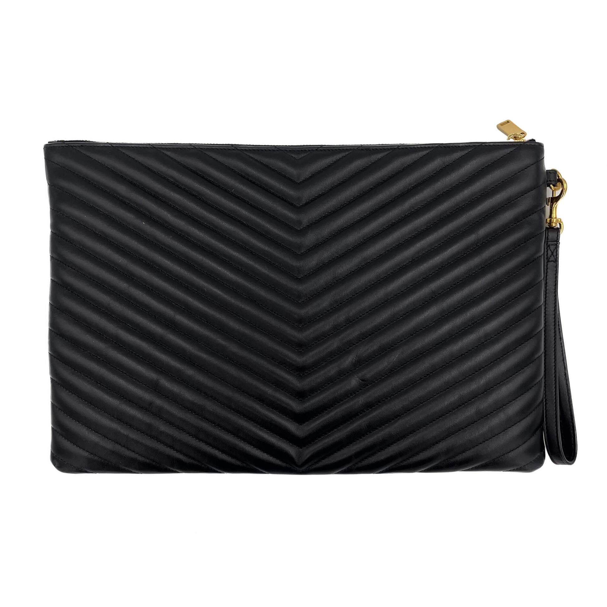 Second hand Saint Laurent Cassandre Chevron Quilted Grained Leather Document Holder Black - Tabita Bags