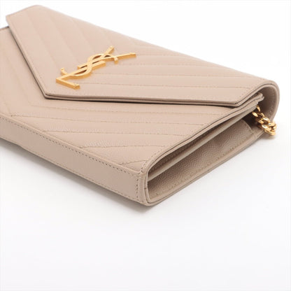 Second hand Saint Laurent Cassandre Classic Grained Calfskin Leather Chevron Quilted Wallet on Chain Shoulder Bag Beige - Tabita Bags
