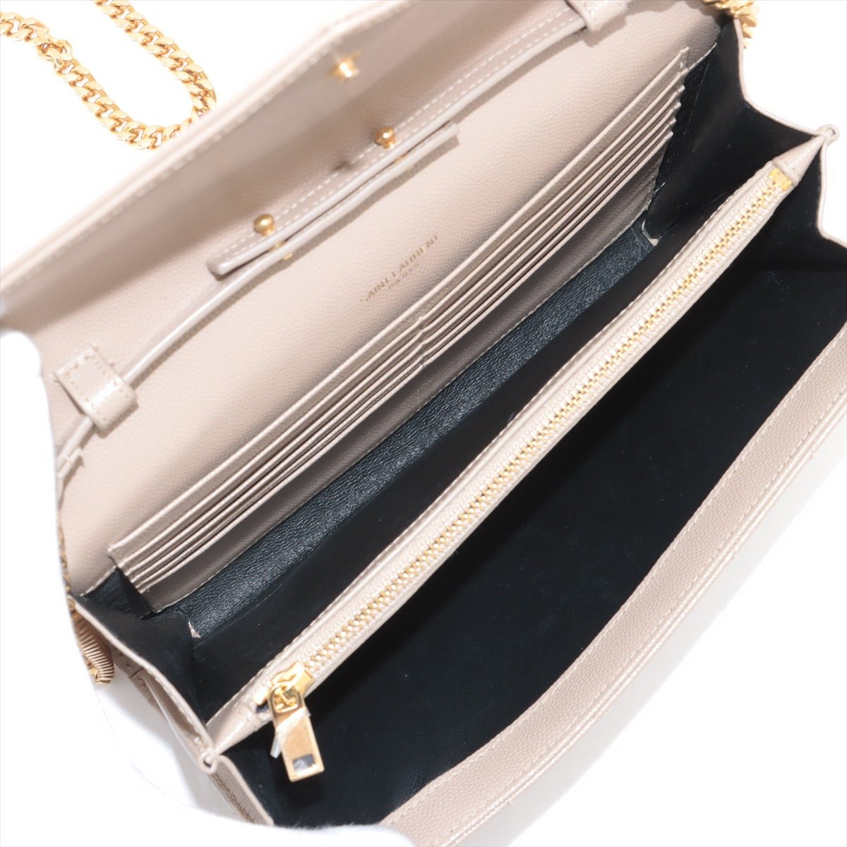 Second hand Saint Laurent Cassandre Classic Grained Calfskin Leather Chevron Quilted Wallet on Chain Shoulder Bag Beige - Tabita Bags