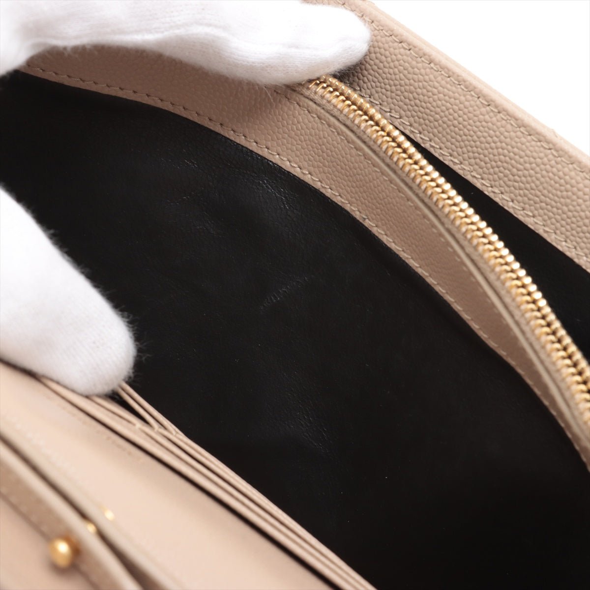 Second hand Saint Laurent Cassandre Classic Grained Calfskin Leather Chevron Quilted Wallet on Chain Shoulder Bag Beige - Tabita Bags