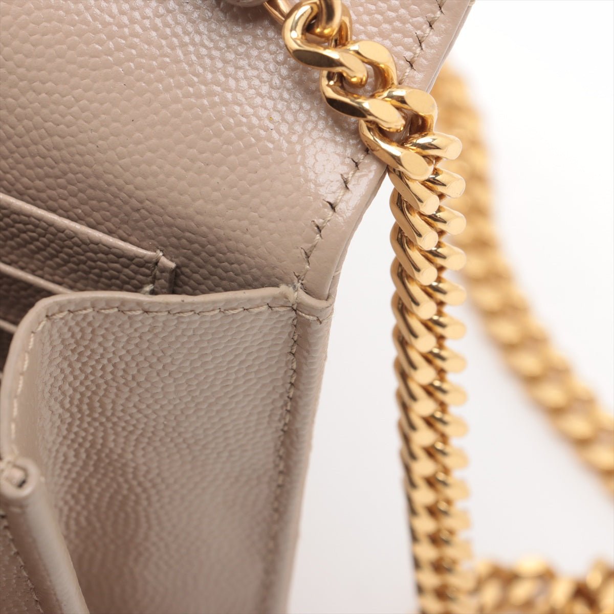 Second hand Saint Laurent Cassandre Classic Grained Calfskin Leather Chevron Quilted Wallet on Chain Shoulder Bag Beige - Tabita Bags