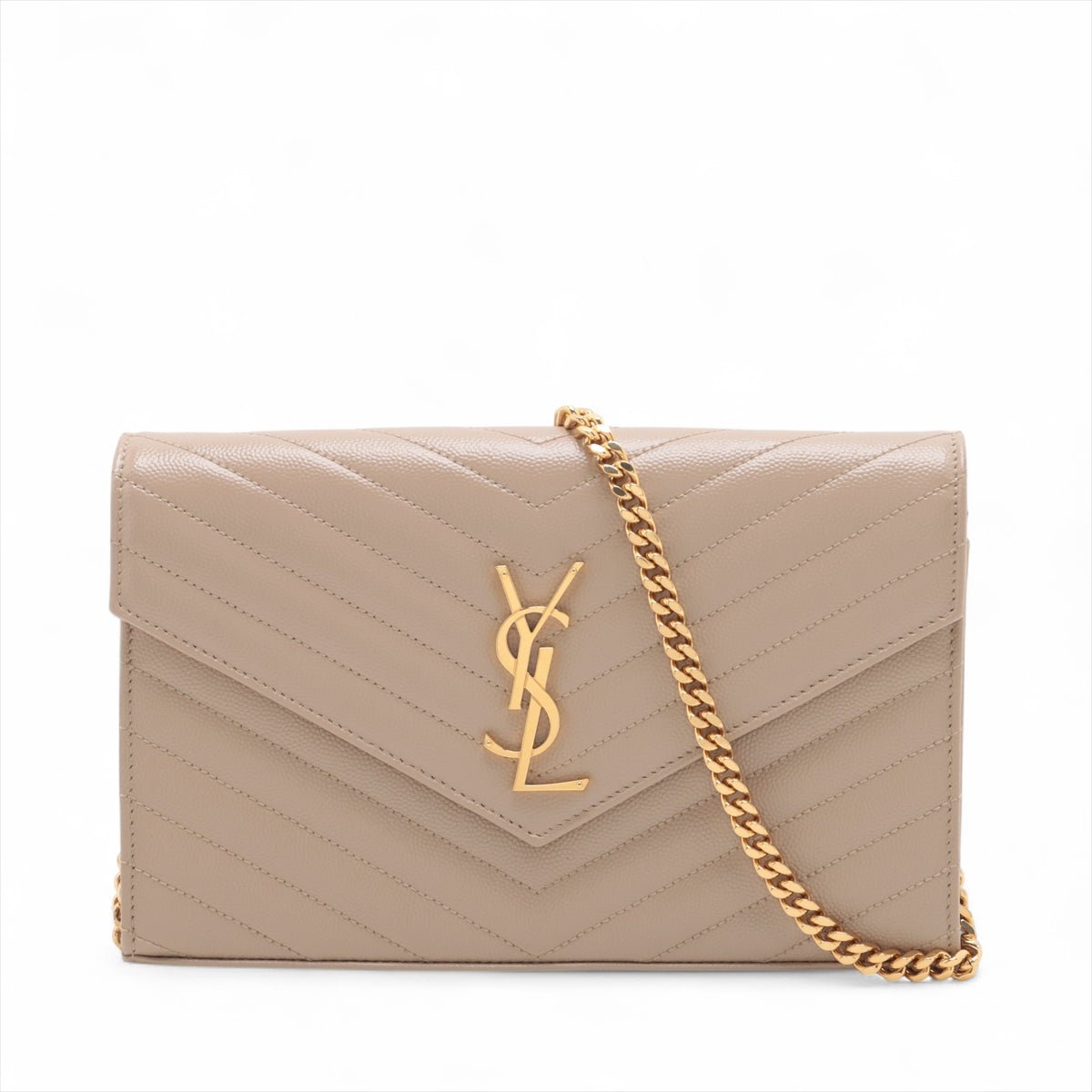 Second hand Saint Laurent Cassandre Classic Grained Calfskin Leather Chevron Quilted Wallet on Chain Shoulder Bag Beige - Tabita Bags