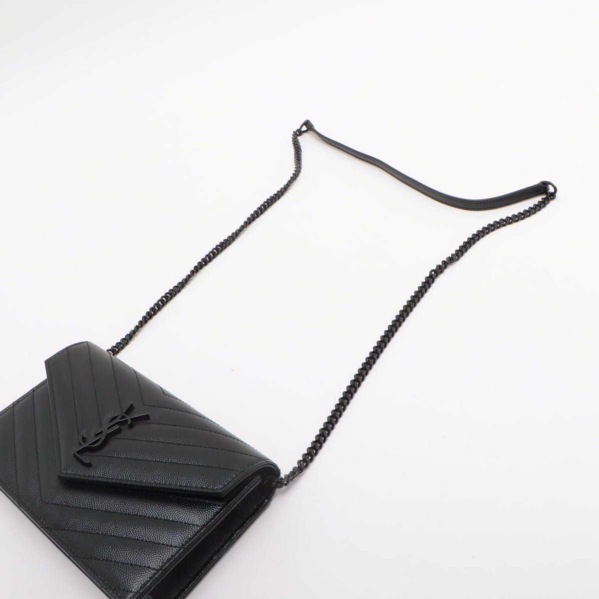 Second hand Saint Laurent Cassandre Classic Grained Calfskin Leather Chevron Quilted Wallet on Chain Shoulder Bag Black - Tabita Bags