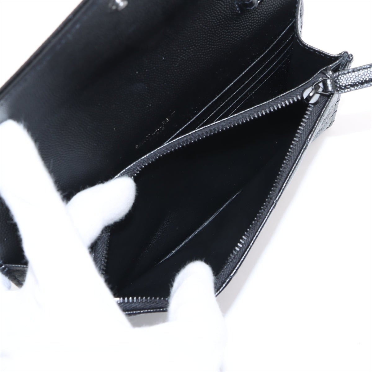Second hand Saint Laurent Cassandre Classic Grained Calfskin Leather Chevron Quilted Wallet on Chain Shoulder Bag Black - Tabita Bags