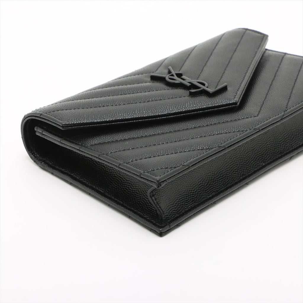 Second hand Saint Laurent Cassandre Classic Grained Calfskin Leather Chevron Quilted Wallet on Chain Shoulder Bag Black - Tabita Bags