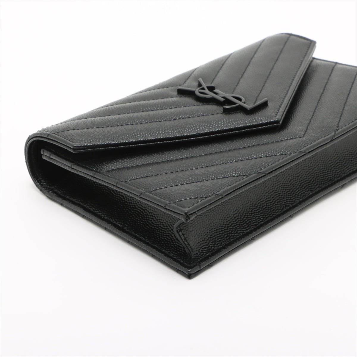Second hand Saint Laurent Cassandre Classic Grained Calfskin Leather Chevron Quilted Wallet on Chain Shoulder Bag Black - Tabita Bags