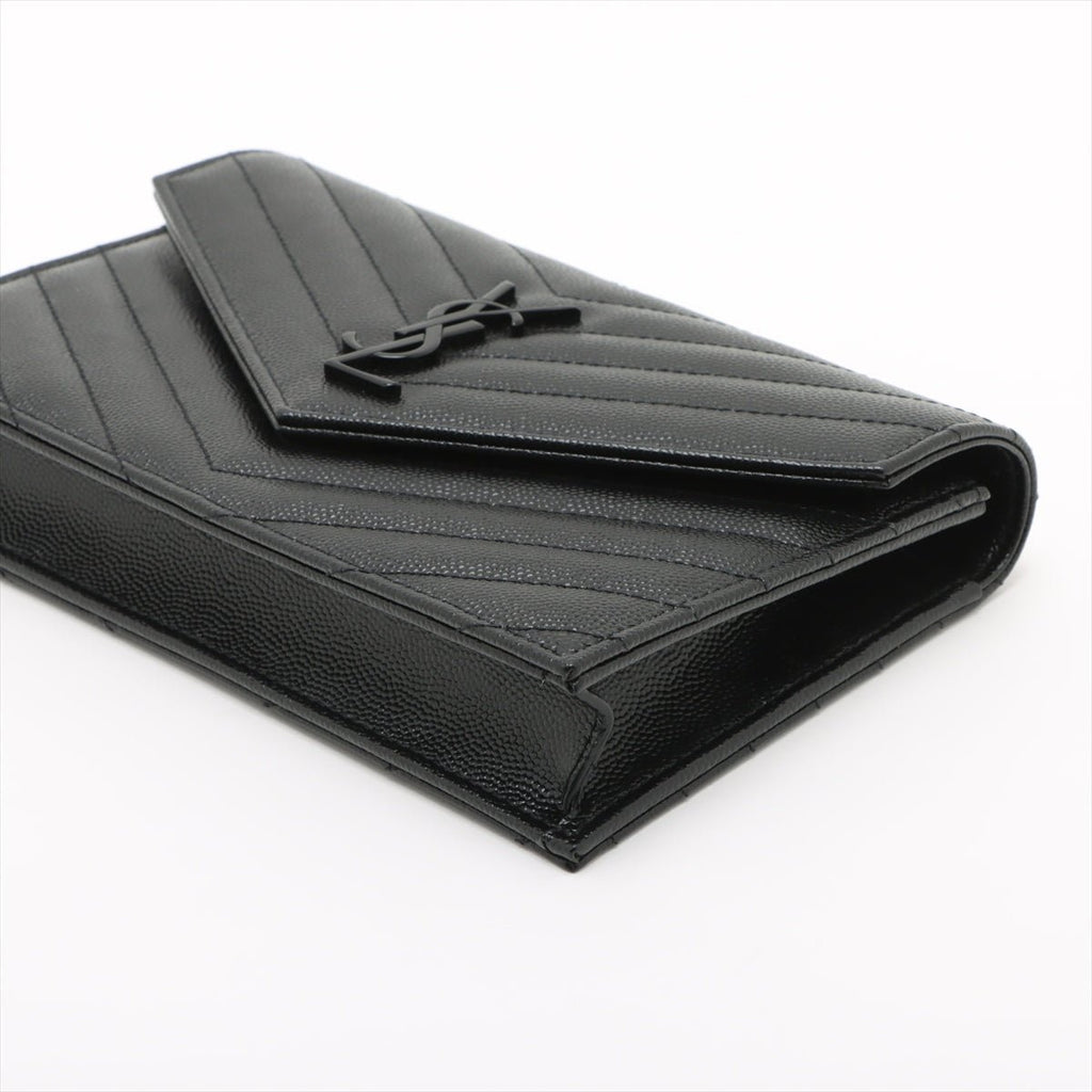 Second hand Saint Laurent Cassandre Classic Grained Calfskin Leather Chevron Quilted Wallet on Chain Shoulder Bag Black - Tabita Bags