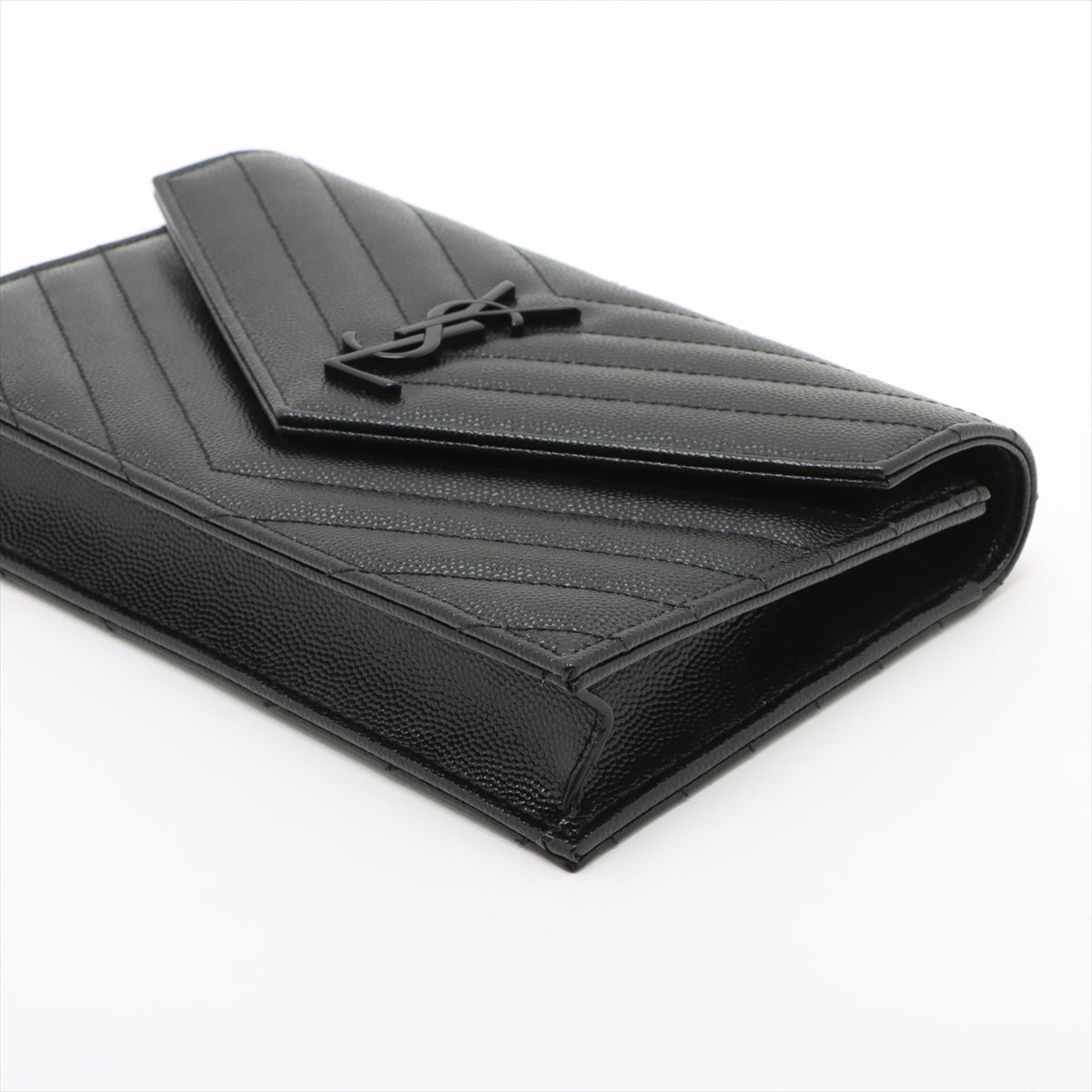 Second hand Saint Laurent Cassandre Classic Grained Calfskin Leather Chevron Quilted Wallet on Chain Shoulder Bag Black - Tabita Bags