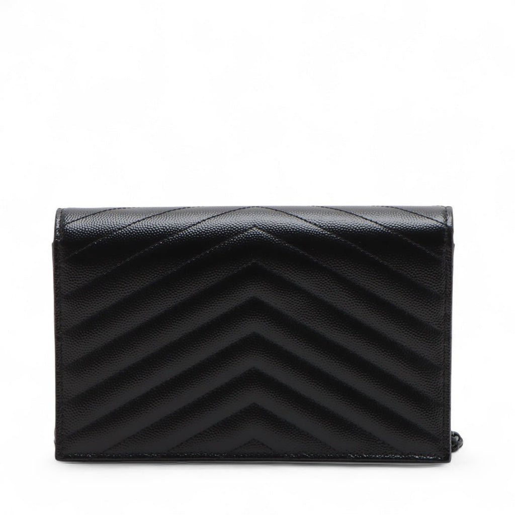 Second hand Saint Laurent Cassandre Classic Grained Calfskin Leather Chevron Quilted Wallet on Chain Shoulder Bag Black - Tabita Bags