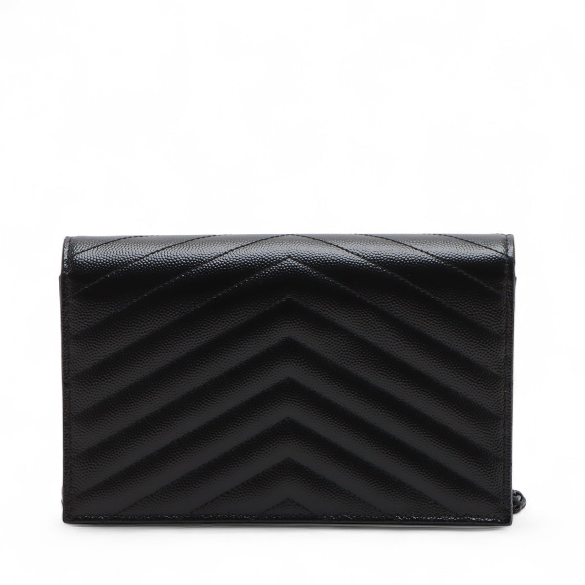 Second hand Saint Laurent Cassandre Classic Grained Calfskin Leather Chevron Quilted Wallet on Chain Shoulder Bag Black - Tabita Bags