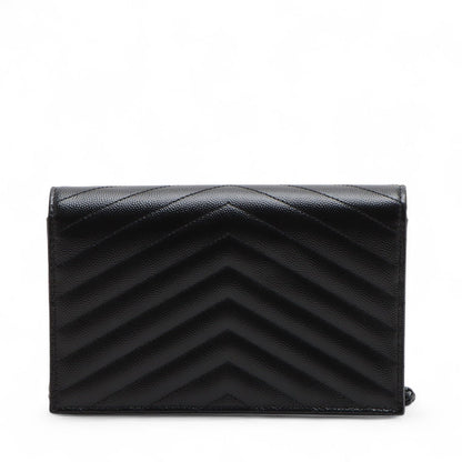Second hand Saint Laurent Cassandre Classic Grained Calfskin Leather Chevron Quilted Wallet on Chain Shoulder Bag Black - Tabita Bags