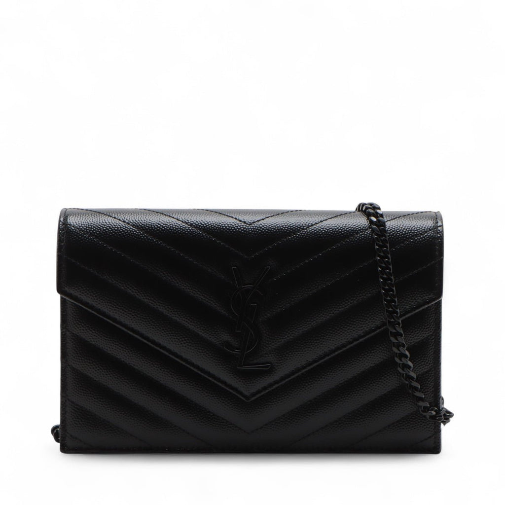 Second hand Saint Laurent Cassandre Classic Grained Calfskin Leather Chevron Quilted Wallet on Chain Shoulder Bag Black - Tabita Bags