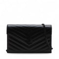 Second hand Saint Laurent Cassandre Classic Grained Calfskin Leather Chevron Quilted Wallet on Chain Shoulder Bag Black - Tabita Bags