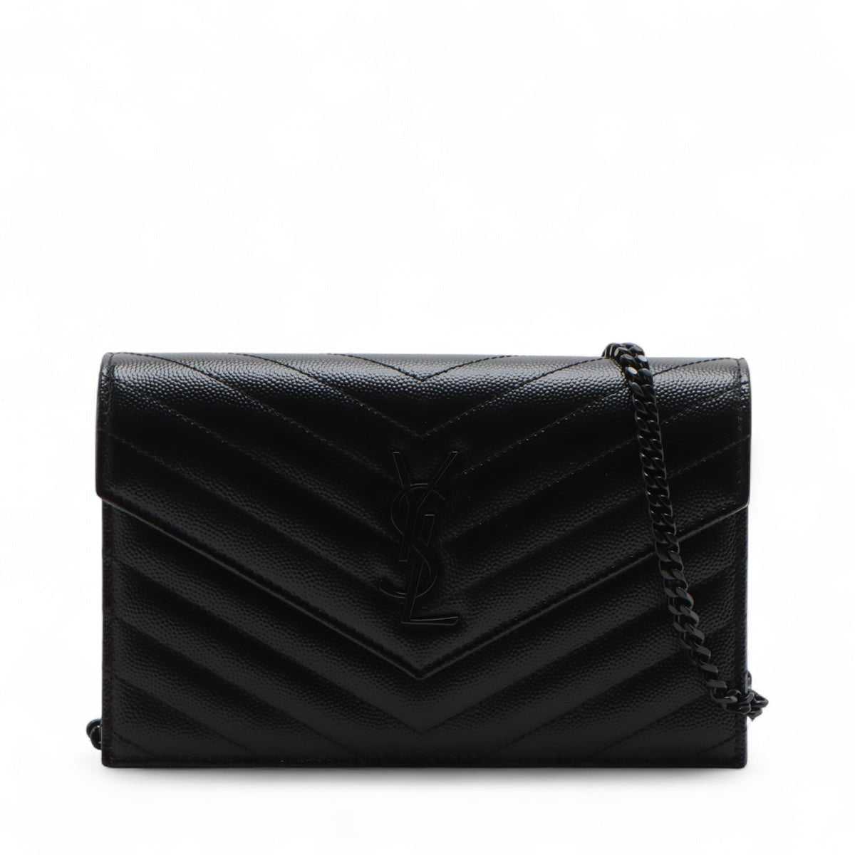 Second hand Saint Laurent Cassandre Classic Grained Calfskin Leather Chevron Quilted Wallet on Chain Shoulder Bag Black - Tabita Bags