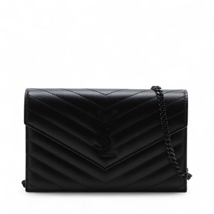 Second hand Saint Laurent Cassandre Classic Grained Calfskin Leather Chevron Quilted Wallet on Chain Shoulder Bag Black - Tabita Bags