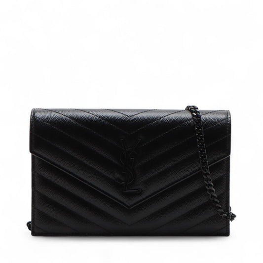 Second hand Saint Laurent Cassandre Classic Grained Calfskin Leather Chevron Quilted Wallet on Chain Shoulder Bag Black - Tabita Bags
