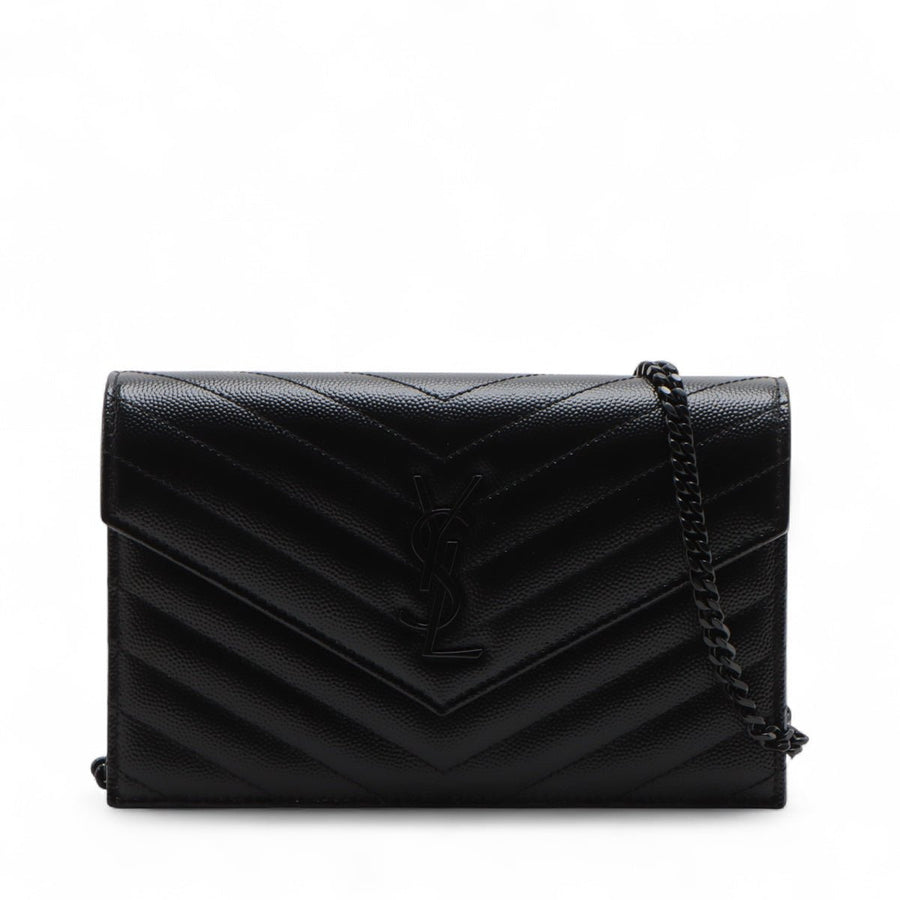 Second hand Saint Laurent Cassandre Classic Grained Calfskin Leather Chevron Quilted Wallet on Chain Shoulder Bag Black - Tabita Bags