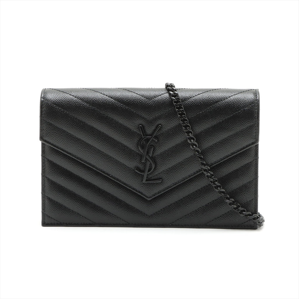 Second hand Saint Laurent Cassandre Classic Grained Calfskin Leather Chevron Quilted Wallet on Chain Shoulder Bag Black - Tabita Bags